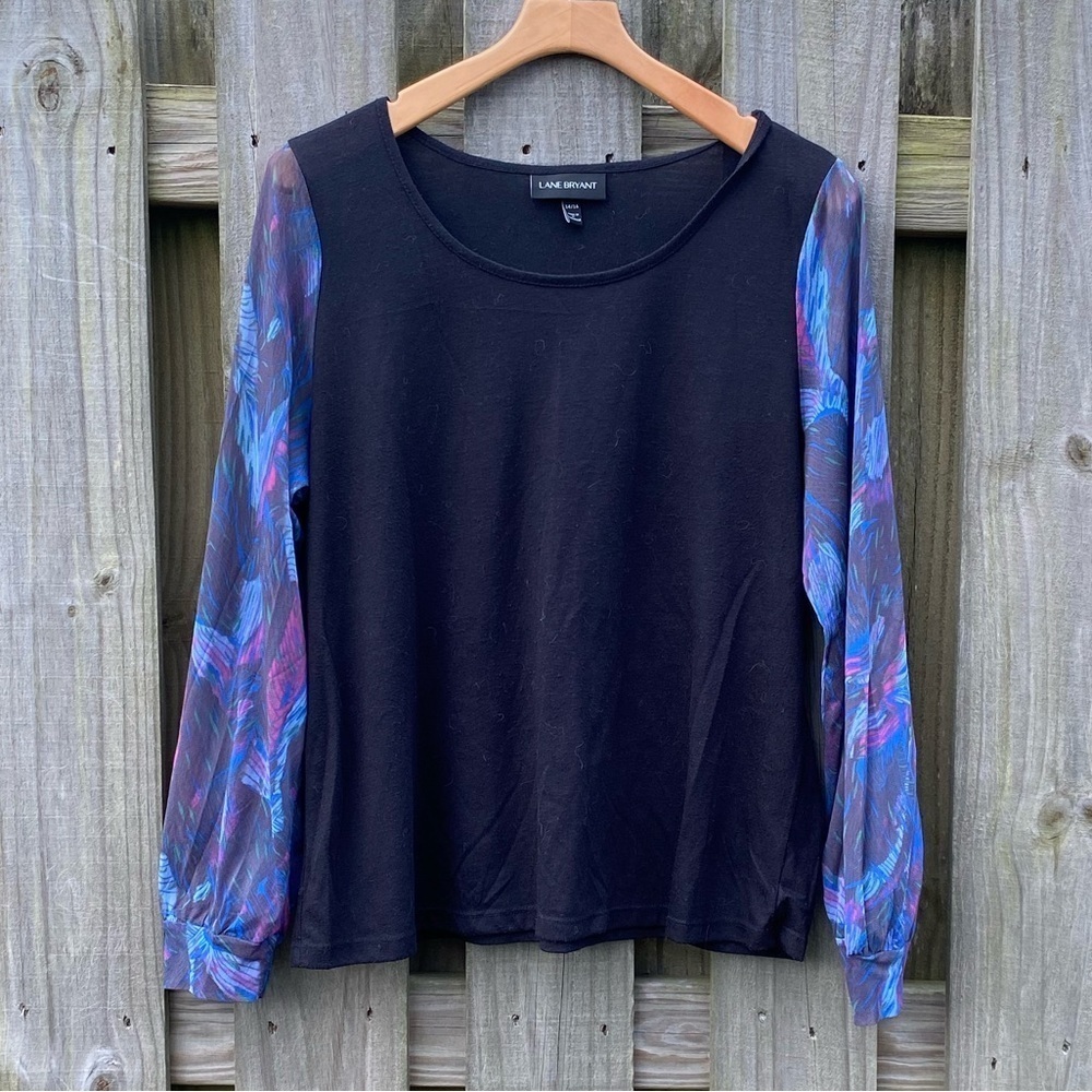 Lane Bryant Black Based Blouse With Semi Sheer Printed Balloon Sleeve Bl…